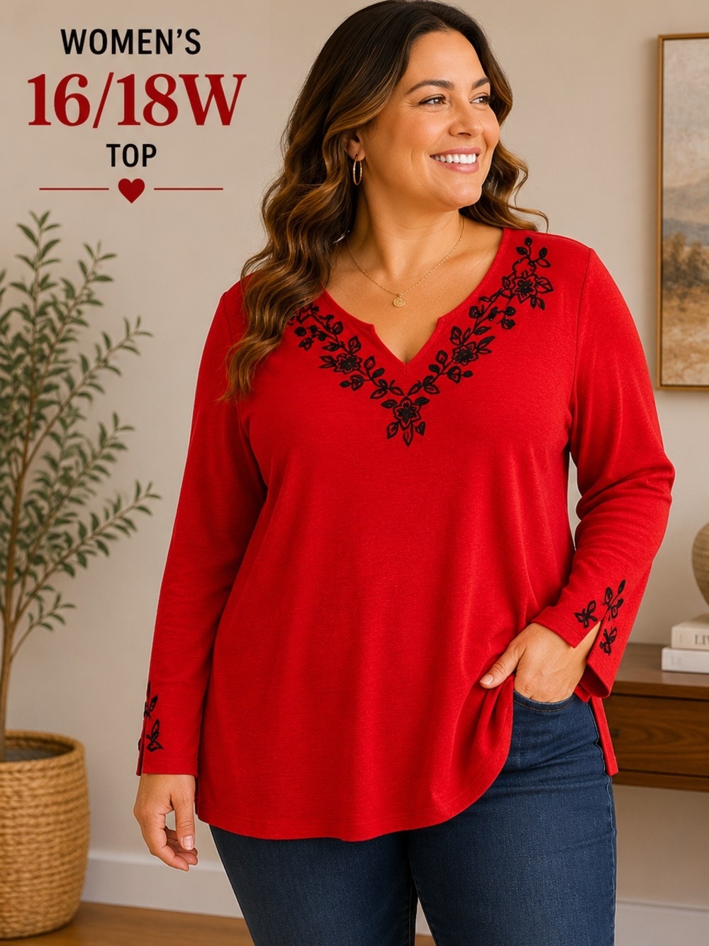 Apostrophe Red Long-Sleeve V-Neck Top with Black Floral Embroidery 16/18W